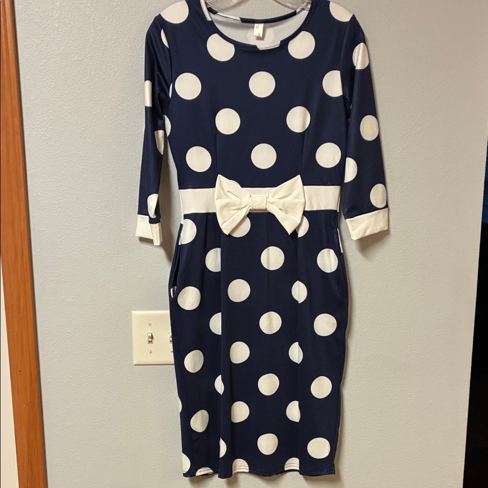 Women’s Navy Blue Polka Dot Dress with Bow and POCKETS